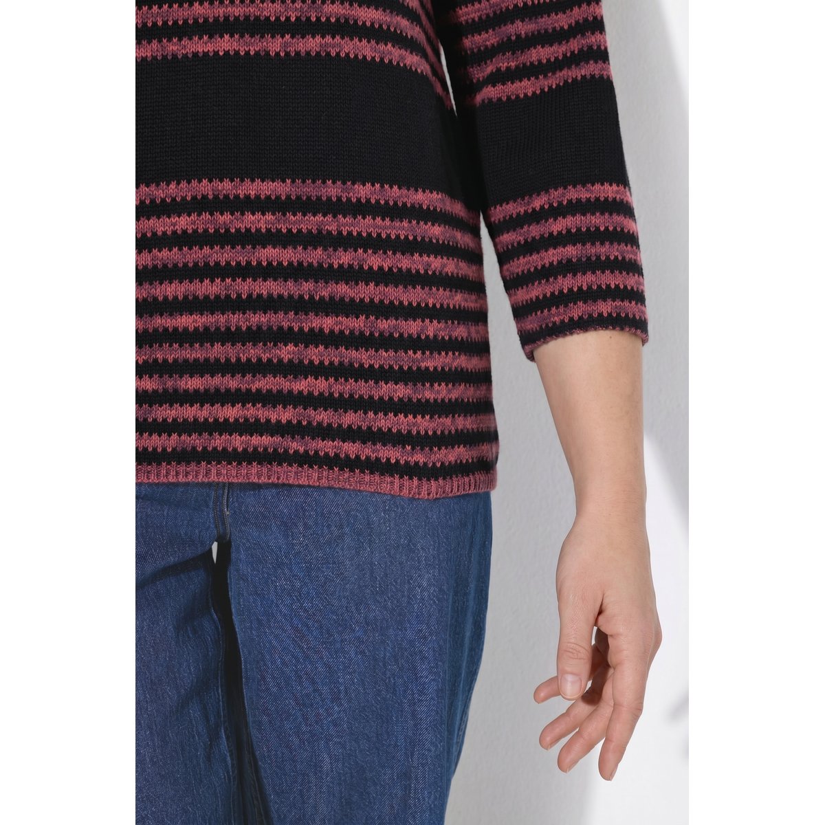 Pull en coton bio, motif à rayures bordeaux, ULLA POPKEN