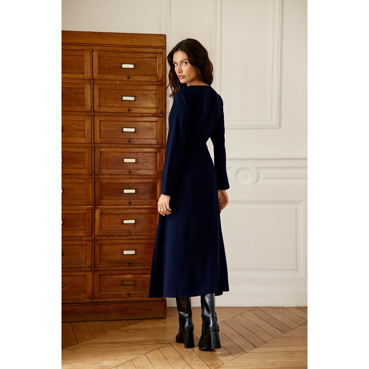 Abito longuette con scollo a V e maniche lunghe, ROSALOU blu marino, LA PETITE ETOILE