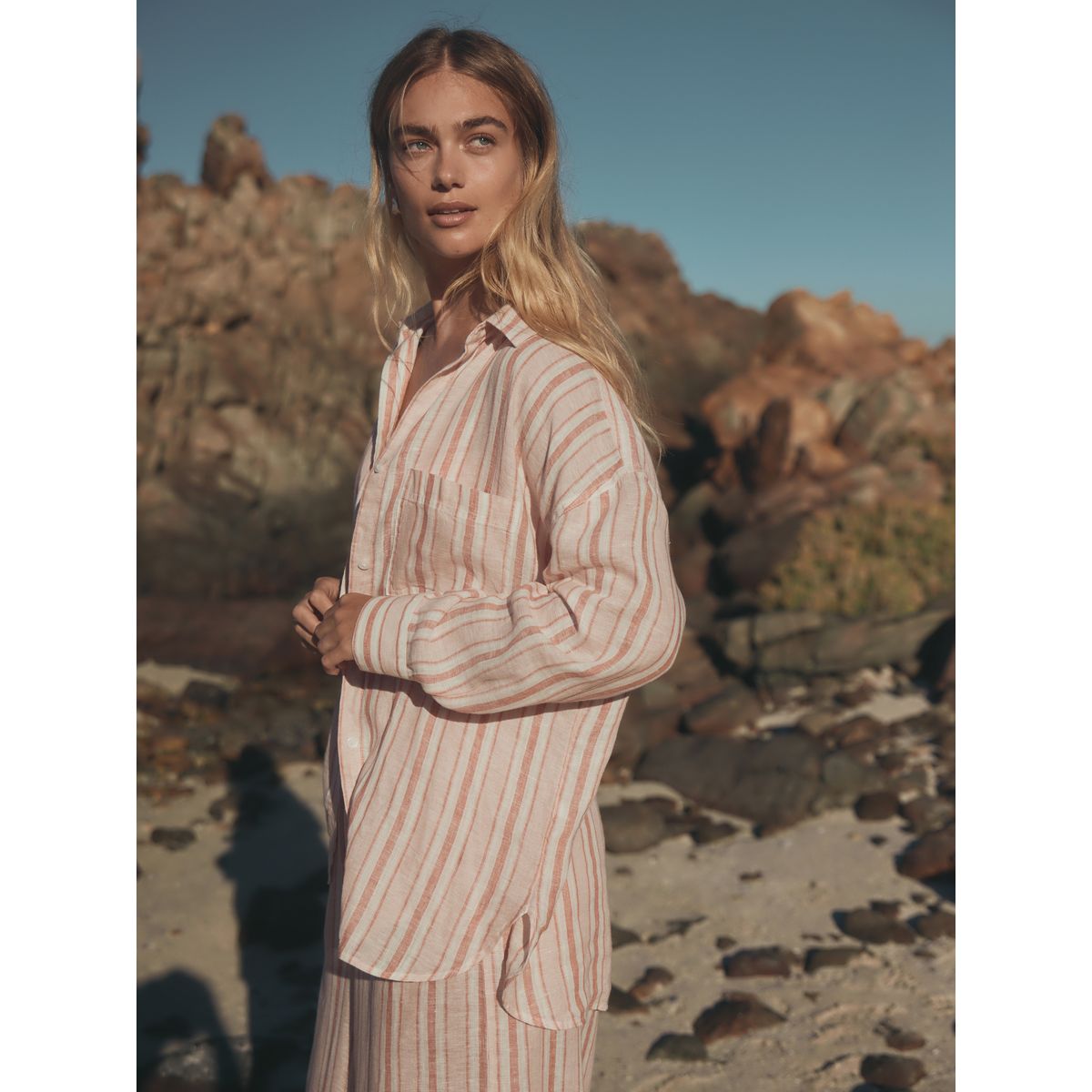 Chemise lin n. premium rayures abricot, NEXT