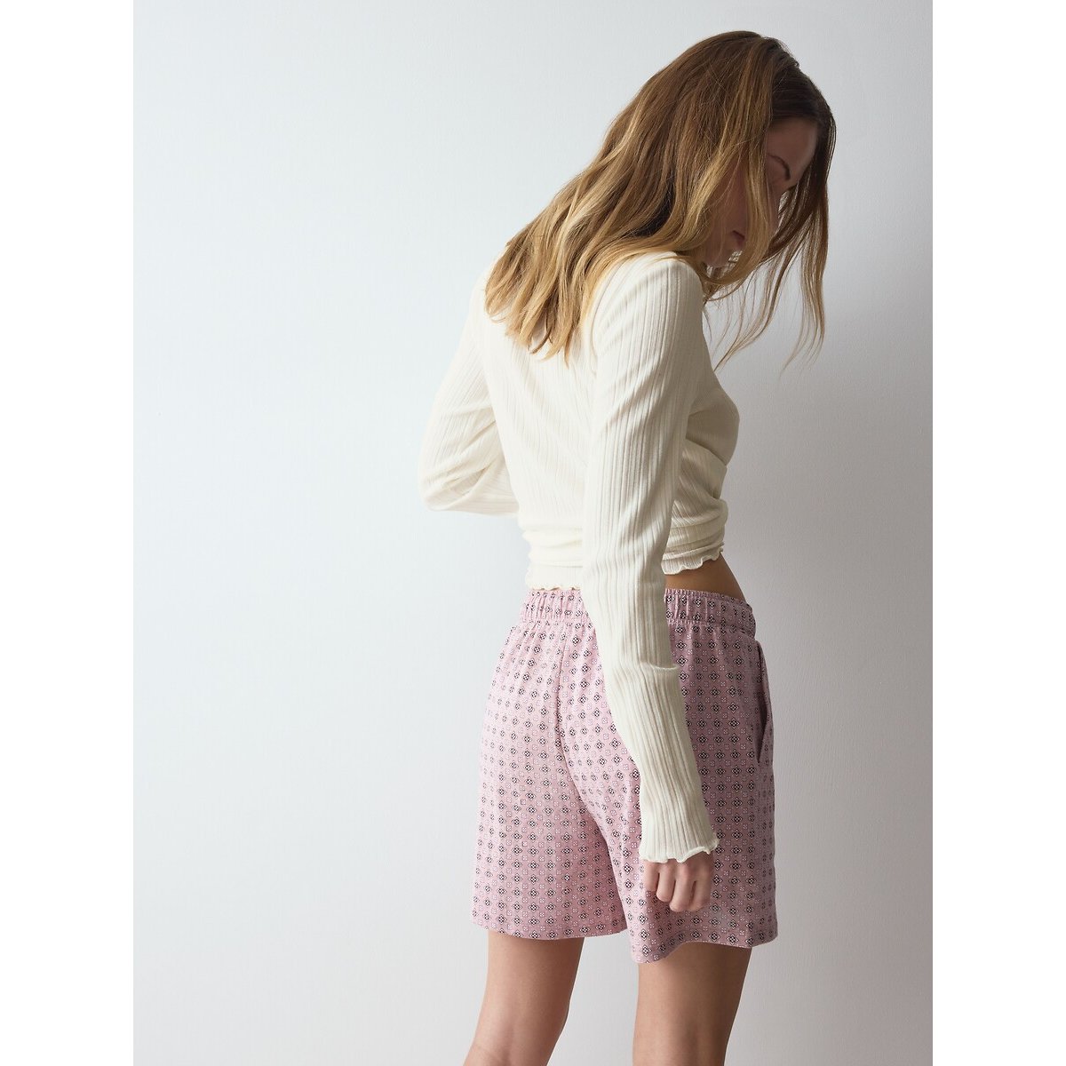 Pigiama in cotone, maglia maniche lunghe e pantaloncini stampati fantasia rosa, TRIUMPH