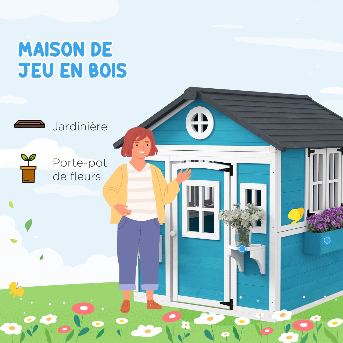 Maisonnette pour enfants Bois massif Bleu bleu, OUTSUNNY