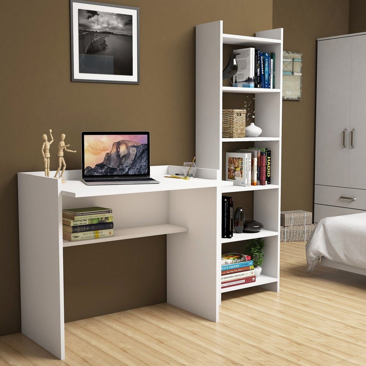 Ensemble bureau avec bibliothèque intégrée 6 niveaux MILAN blanc, TOILINUX