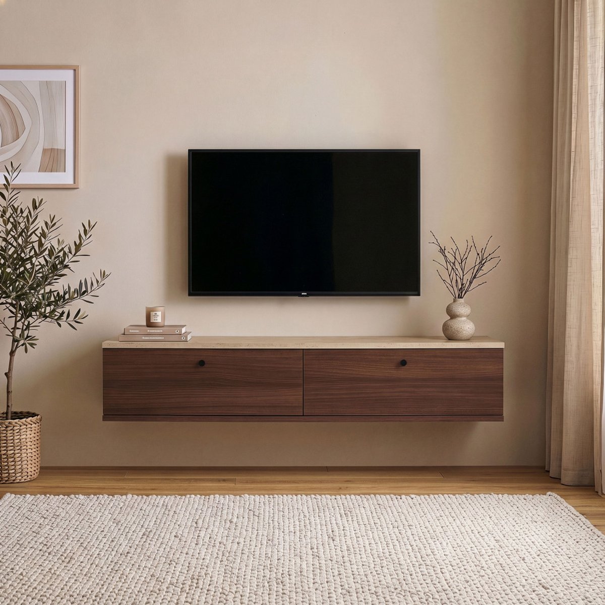 Meuble tv suspendu 2 portes en bois et effet travertin L140cm- YARA bois foncé, DRAWER