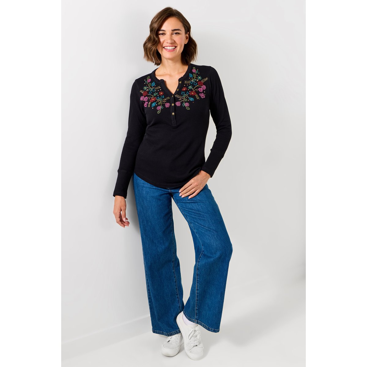 Haut Henley en Jersey à Perles Fleuries noir, JOE BROWNS