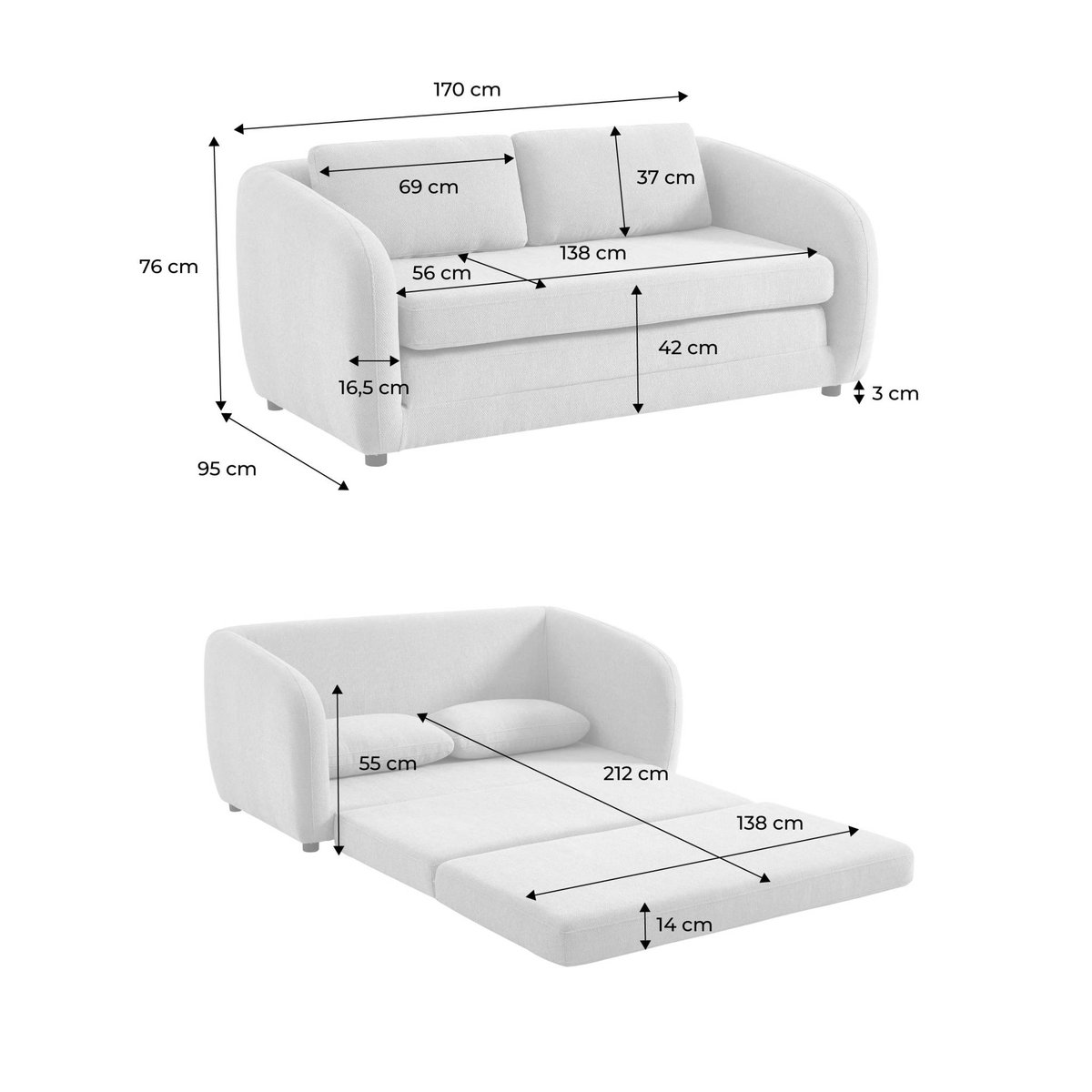 Canapé convertible 2 places tissu chenille  TWIST blanc, SWEEEK