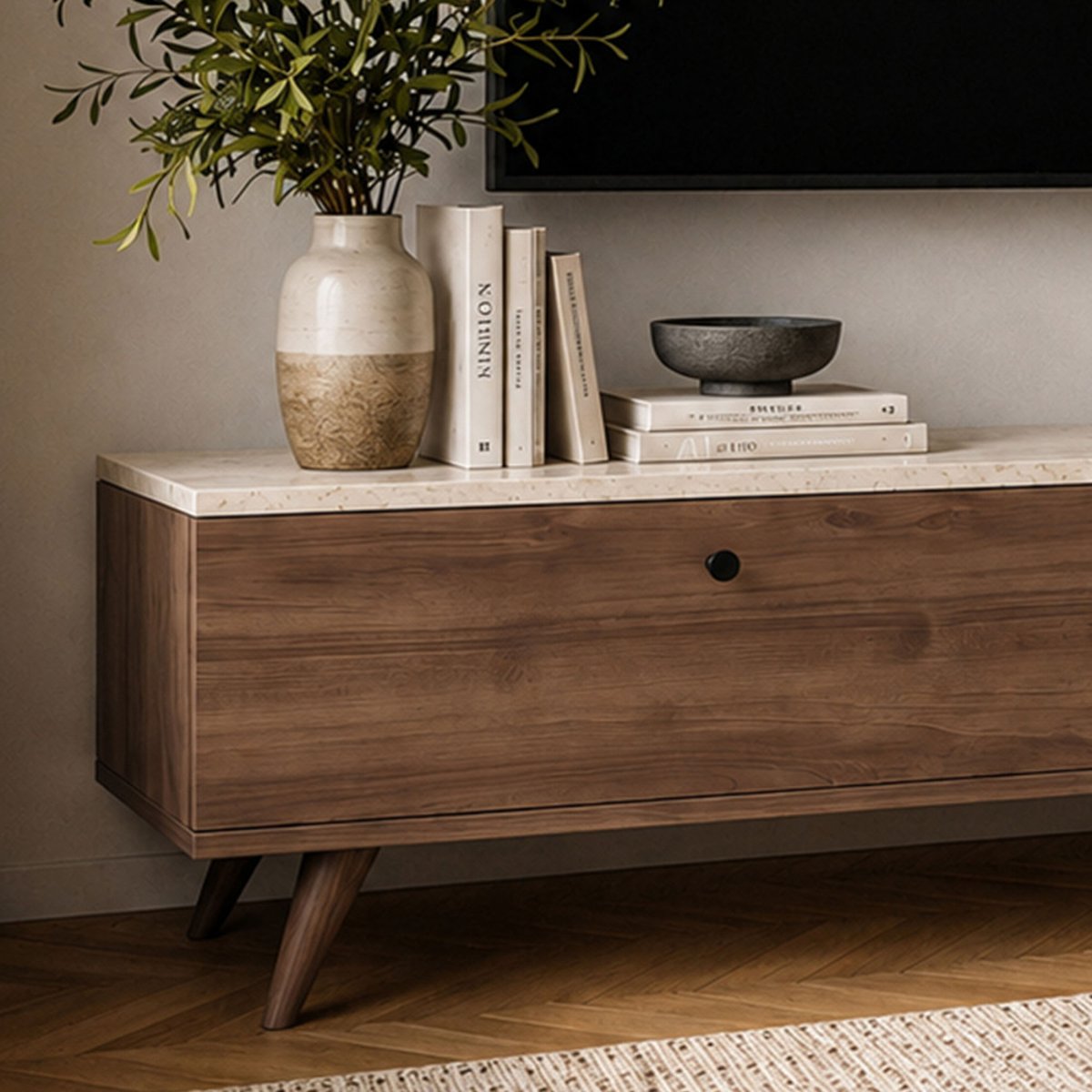 Meuble TV 2 portes plateau effet travertin et bois L140cm- YARA bois foncé, DRAWER