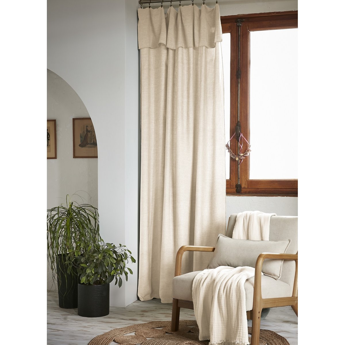 Rideau ajustable LYSANDRE + 8 anneaux pince beige, EDEN
