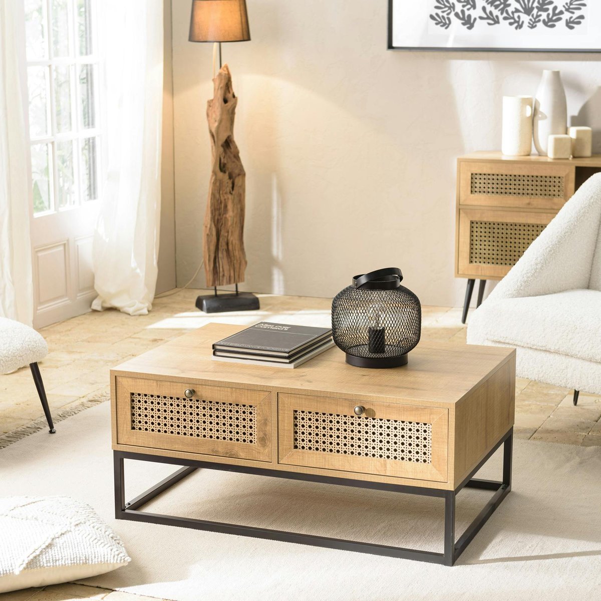 Table basse en bois 4 tiroirs cannage naturel ALCUDIA bois naturel, PIER IMPORT