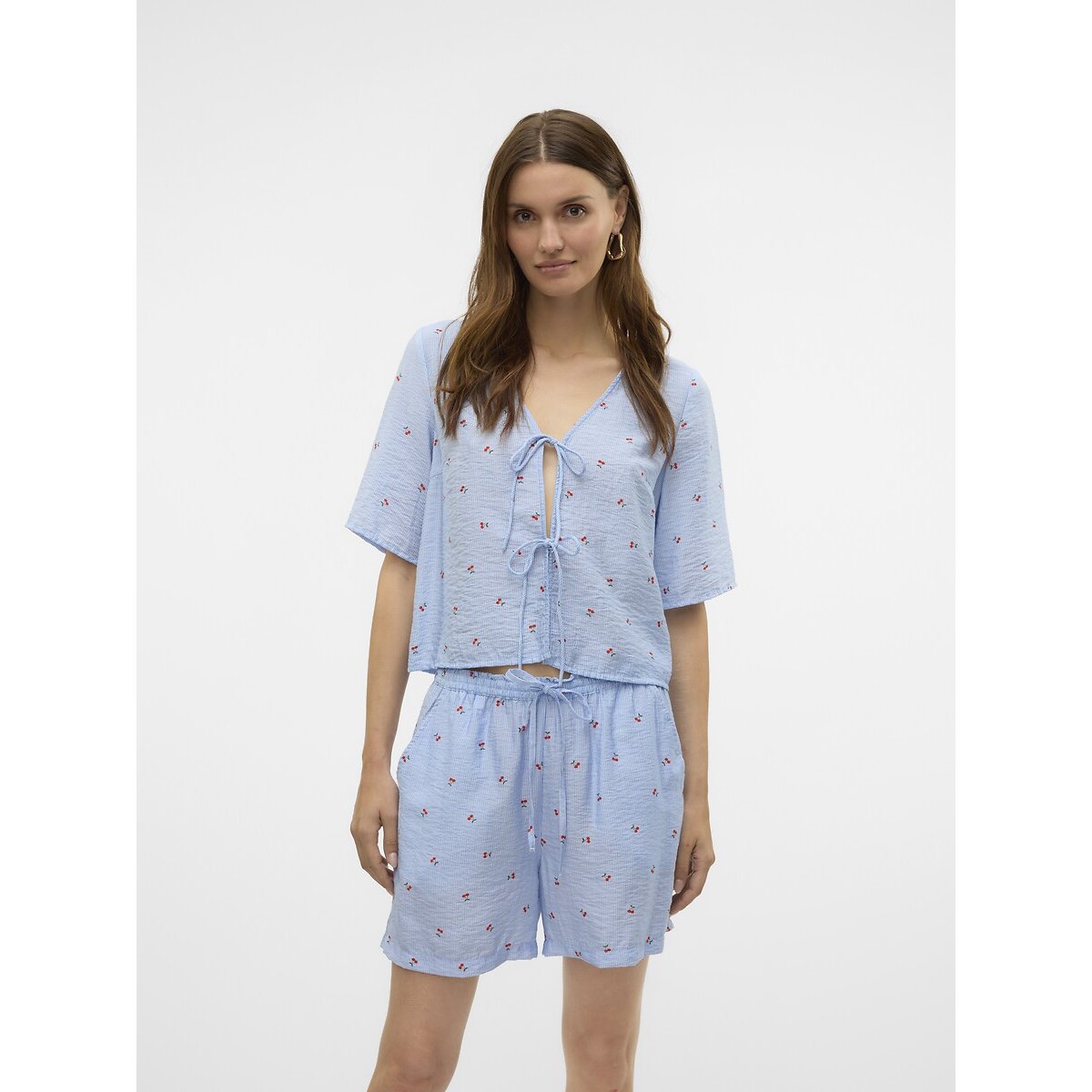 Printed Blouse with Bows On Front sky blue, VERO MODA