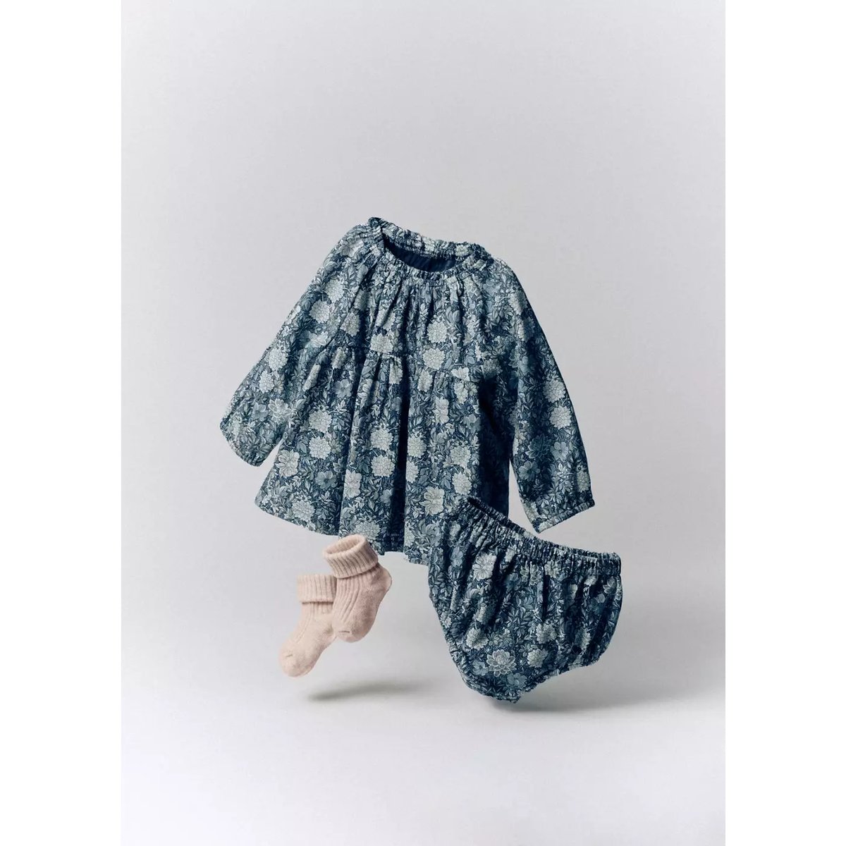 Robe et barboteuse imprimé floral bleu pétrole, MANGO BABY