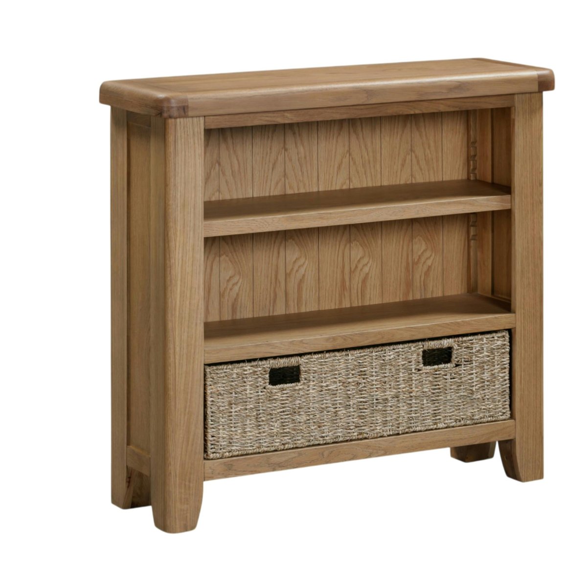 Bibliothèque basse en chêne avec panier de rangement VALMONT bois naturel, PIER IMPORT