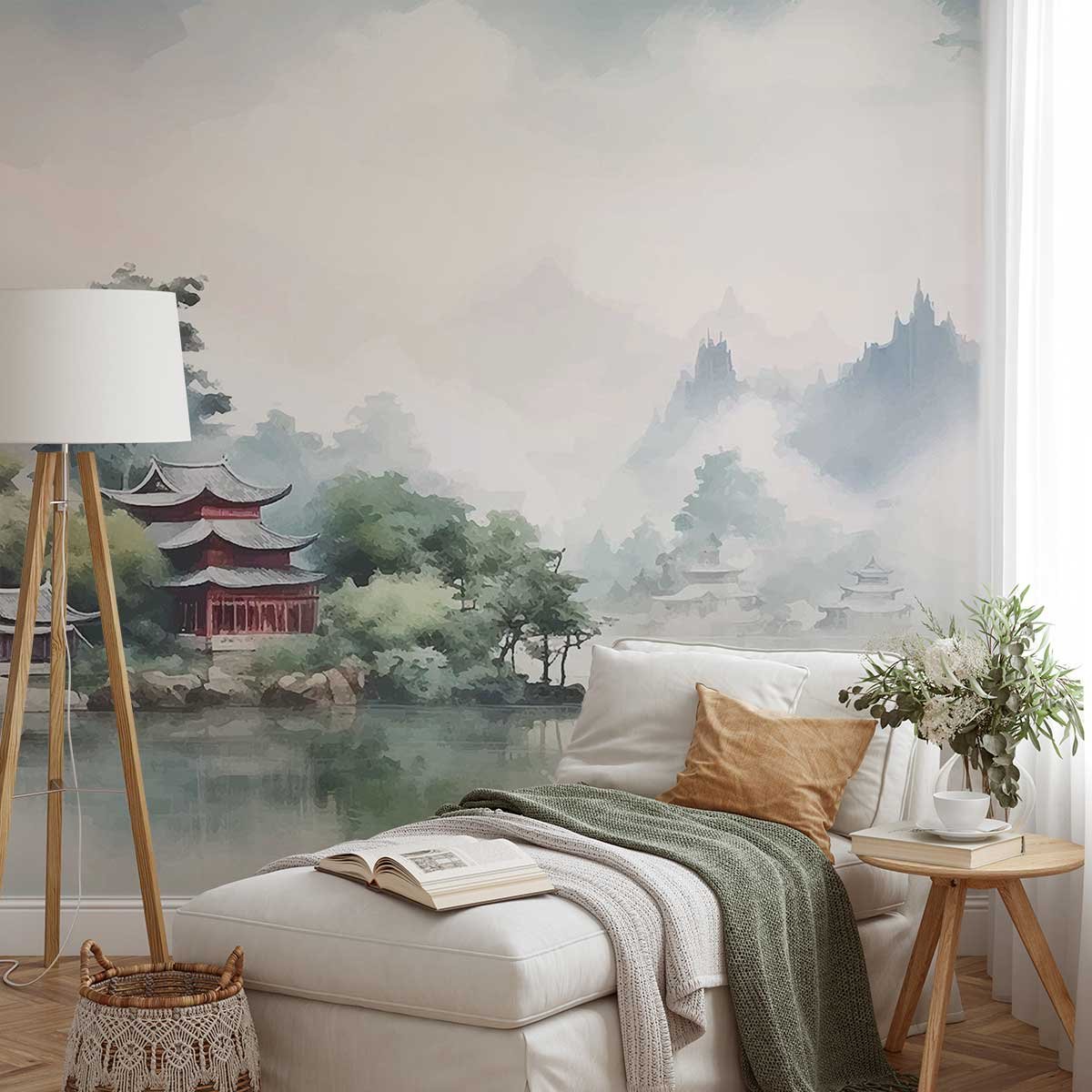 Papier peint panoramique fleuve asiatique vert, HEXOA