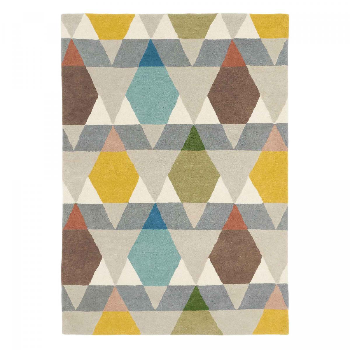 Tapis salon et chambre tissé en laine motif géométrique VESES gris, jaune, vert, marron, UN AMOUR DE TAPIS
