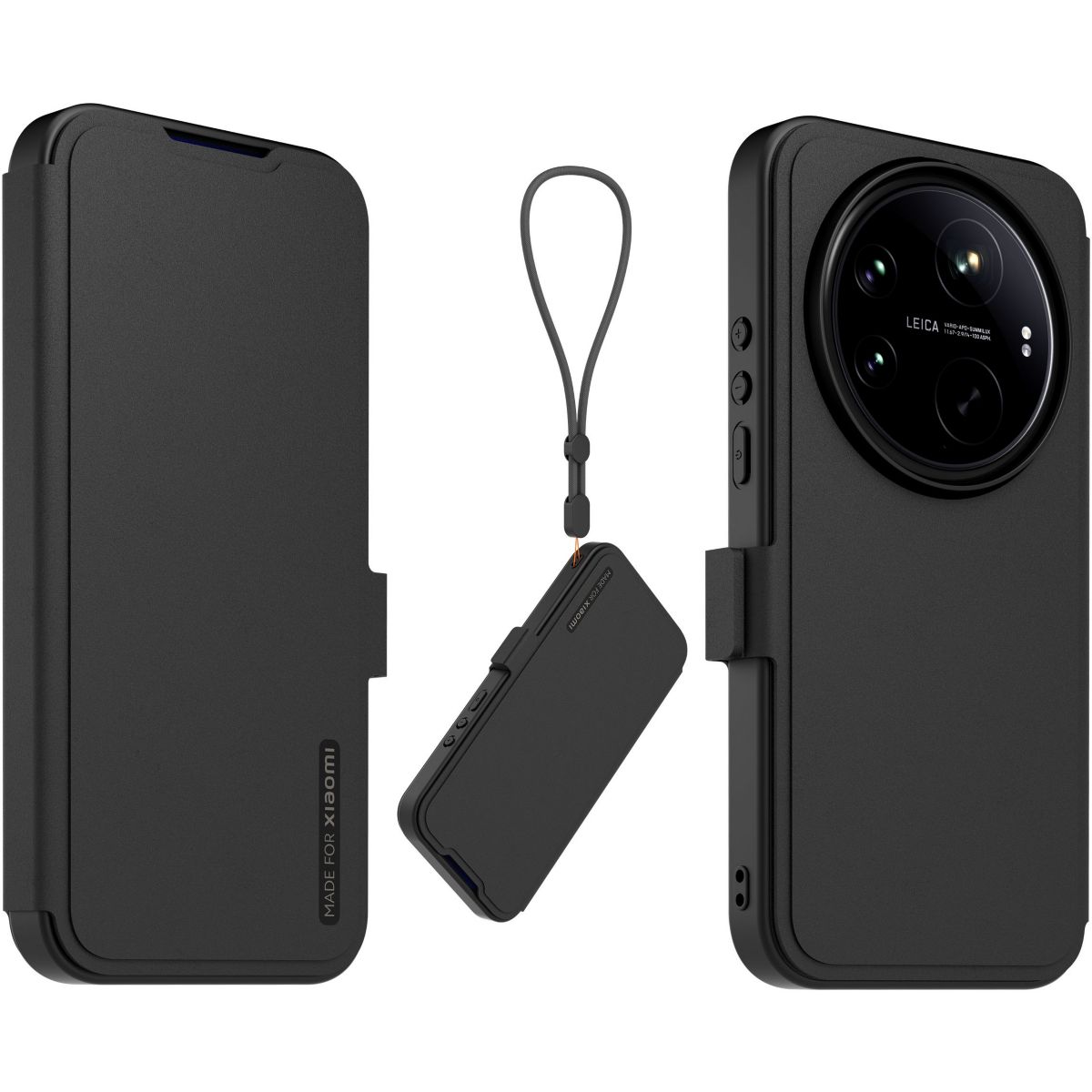 Etui avec cordon premium noir + dragonne Xiaomi 17 Ultra couleur unique, MADE FOR XIAOMI