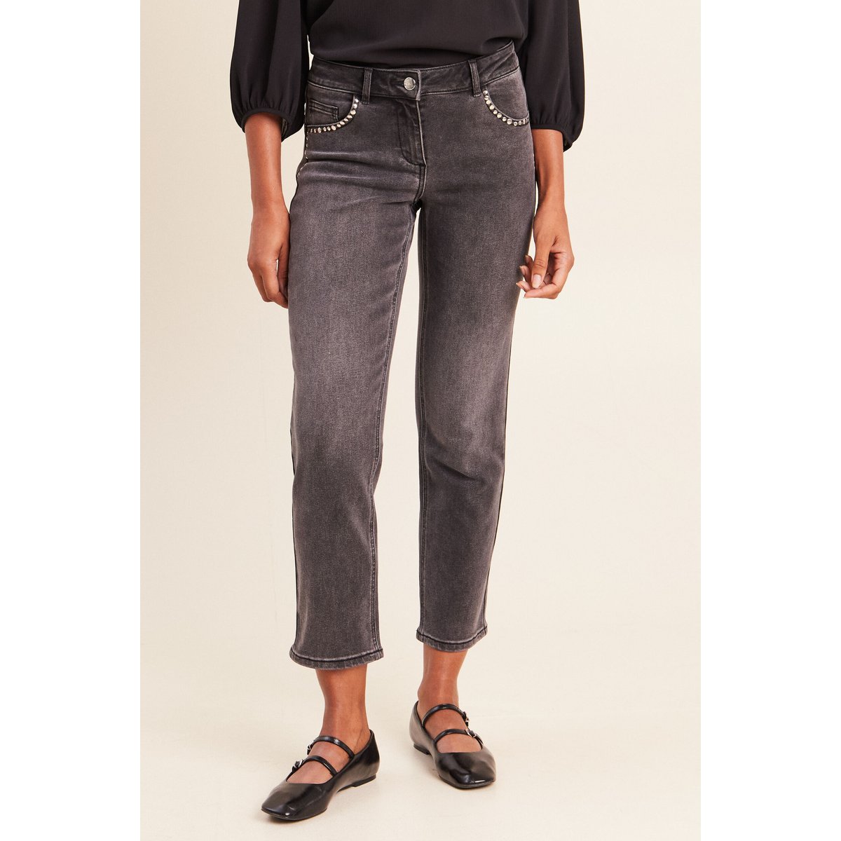 Jean droit 7/8ème taille basculée denim gris, BREAL