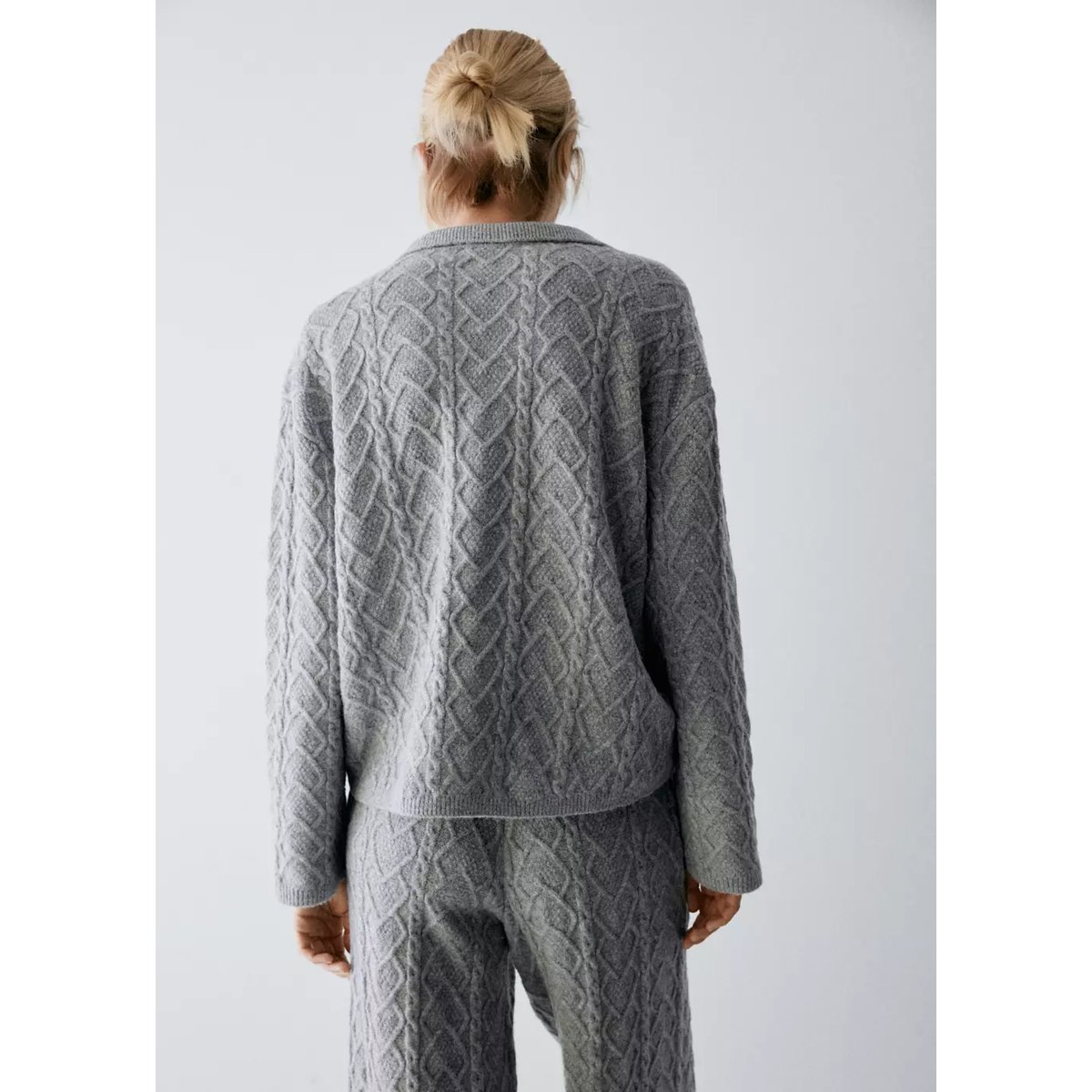 Pull tressé col polo gris, MANGO