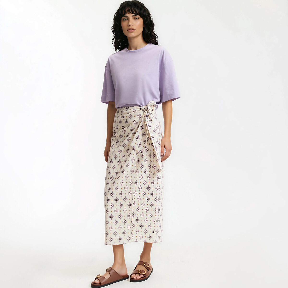 Jupe portefeuille midi imprimée à nouer imprimé mauve, LA REDOUTE COLLECTIONS