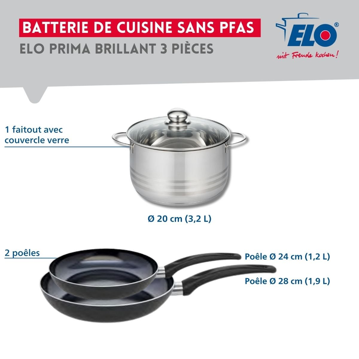 Batterie 2 poêles 24/28cm + 1 faitout 20cm PRIMA BRILLANT noir, ELO