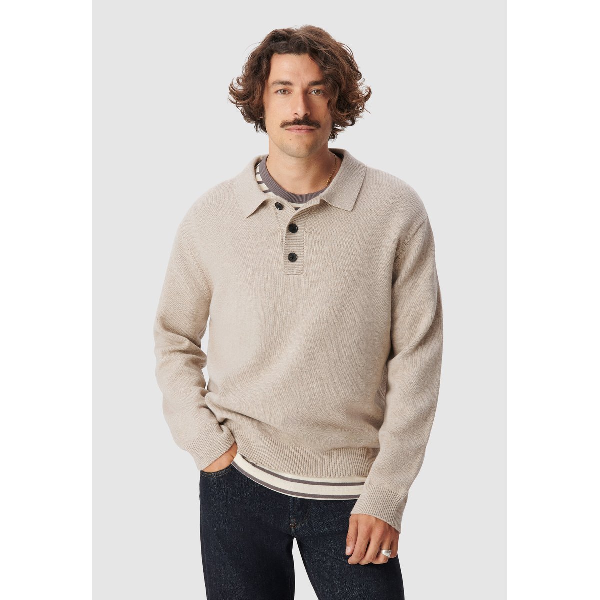 Pull col polo tricot beige, IKKS