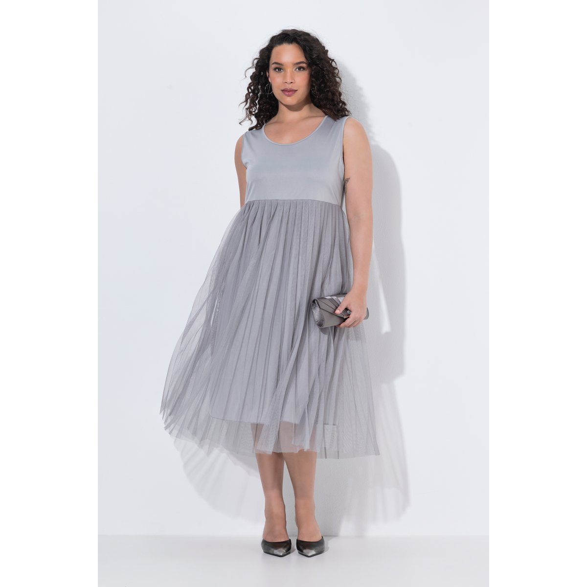 Robe midi, jupe plissée et décolleté rond gris pierre, ULLA POPKEN