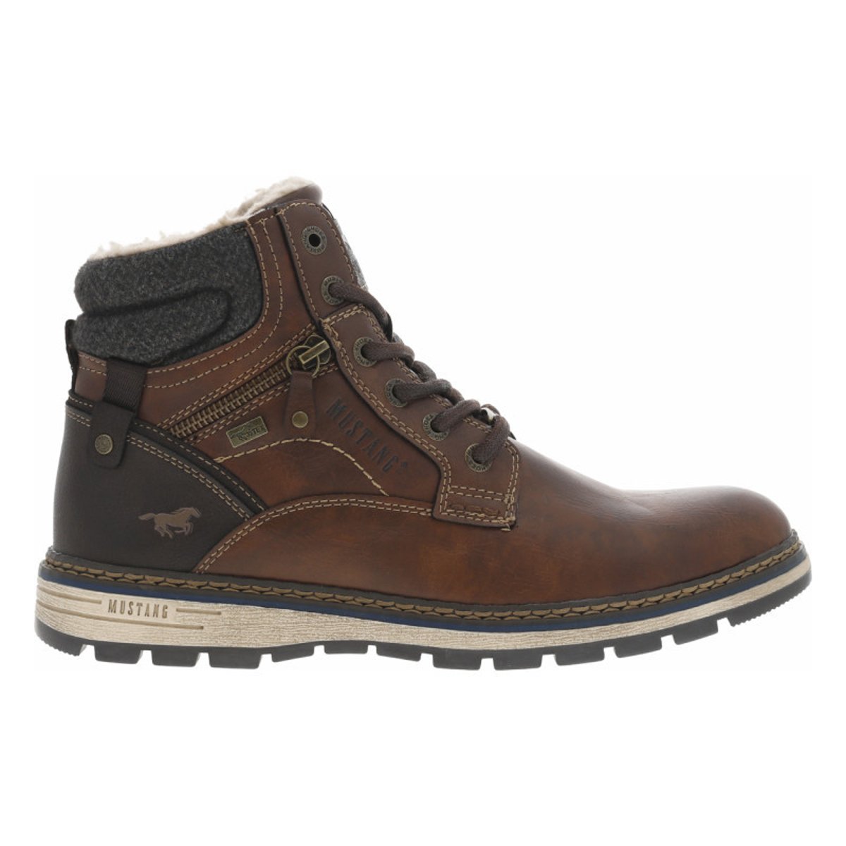 Bottines cognac à talon plat pourvues d'une fermeture zippée et de lacets cognac, MUSTANG