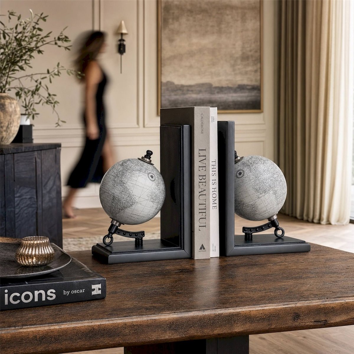 Serre-livre globe en bois gris et noir, RECOLLECTION