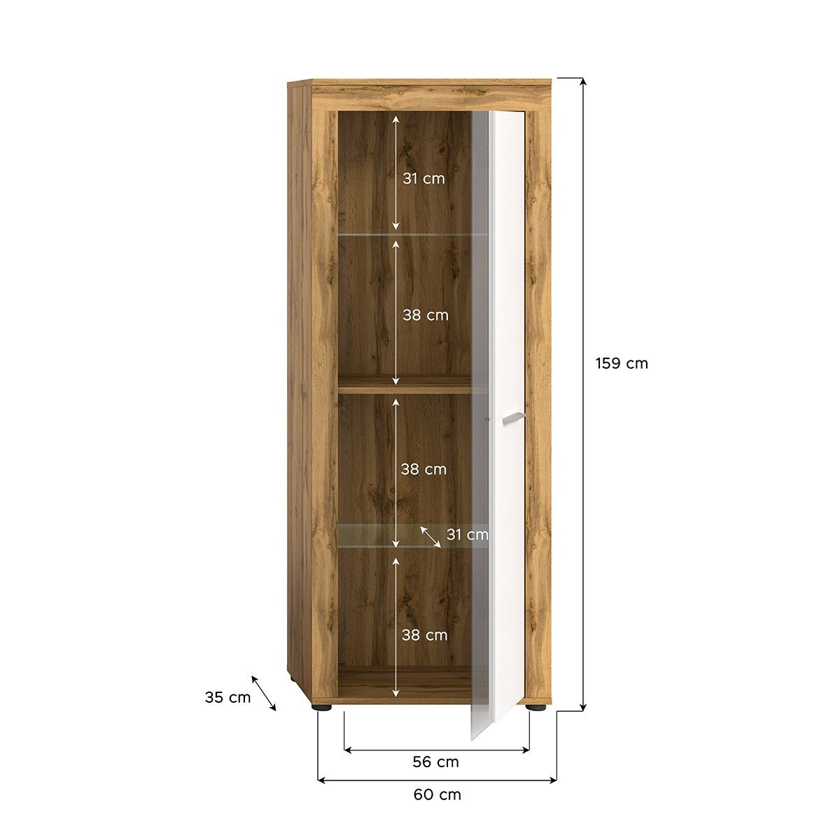 Meuble vitrine 1 porte vitrée blanc et chêne wotan H159 cm - AOSTA blanc, CALICOSY