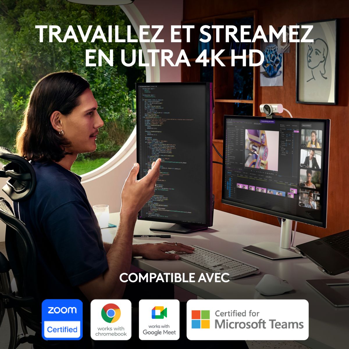 Webcam MX Brio Streaming 4K Gris pale couleur unique, LOGITECH
