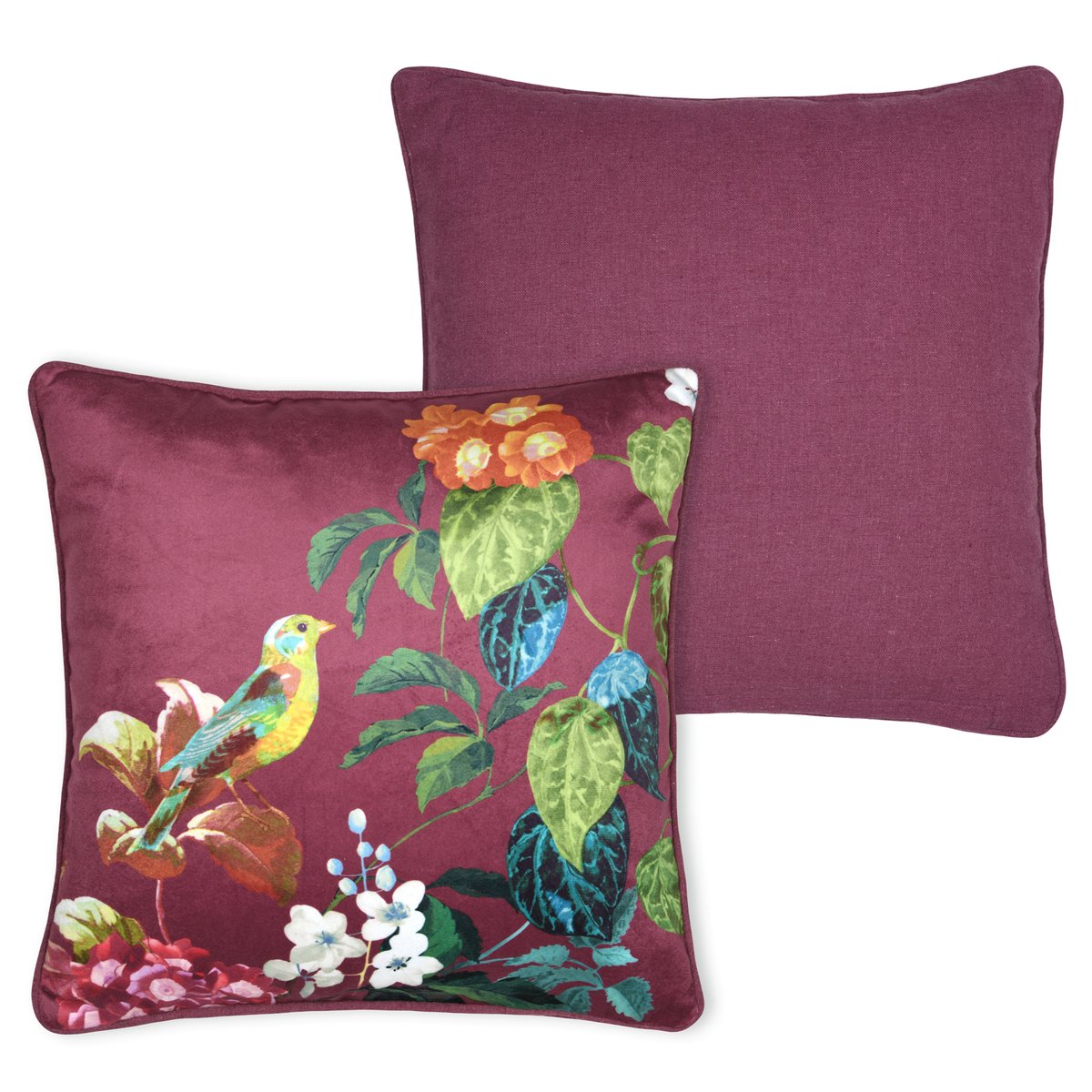 Coussin décoratif motif oiseau et feuillage bordeaux, LOVELY CASA