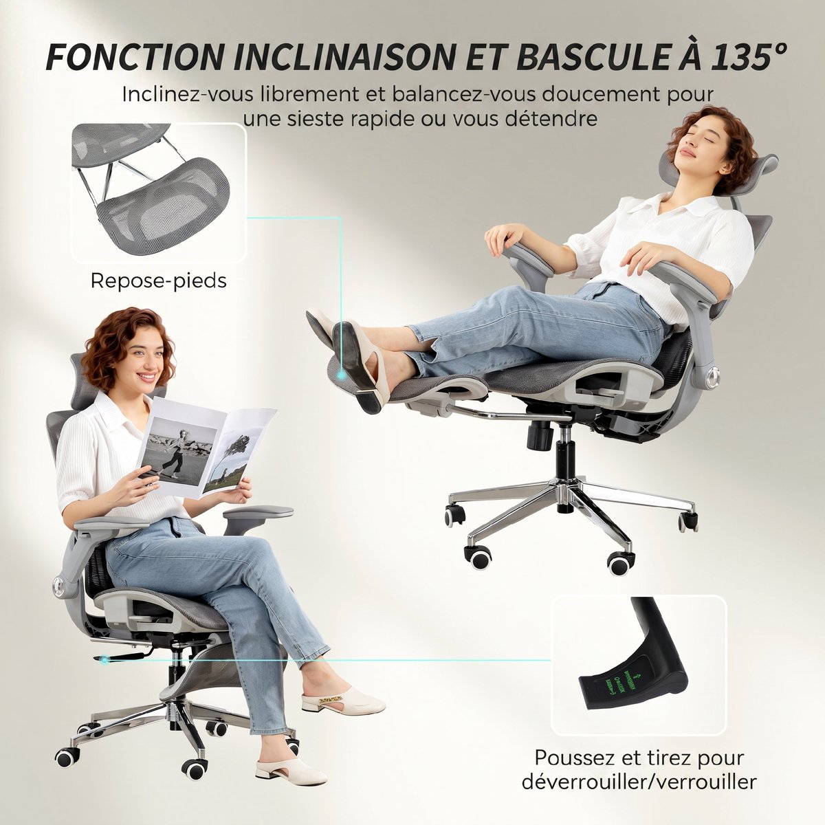 Chaise de bureau Maille (100% polyester) Gris gris, HOMCOM