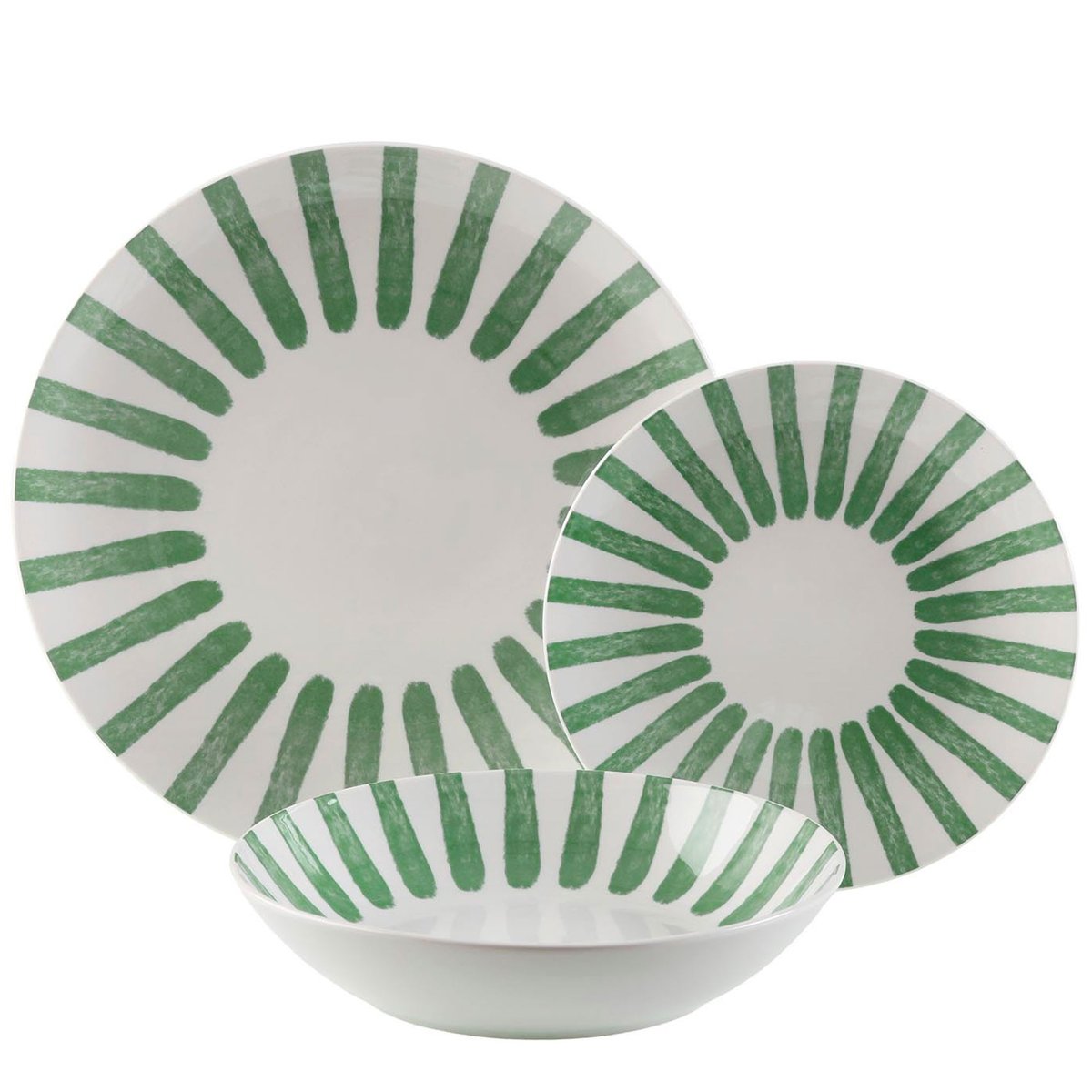 Service de 18 assiettes en porcelaine vert et blanc: plates, creuses et à dessert vert, VERSA