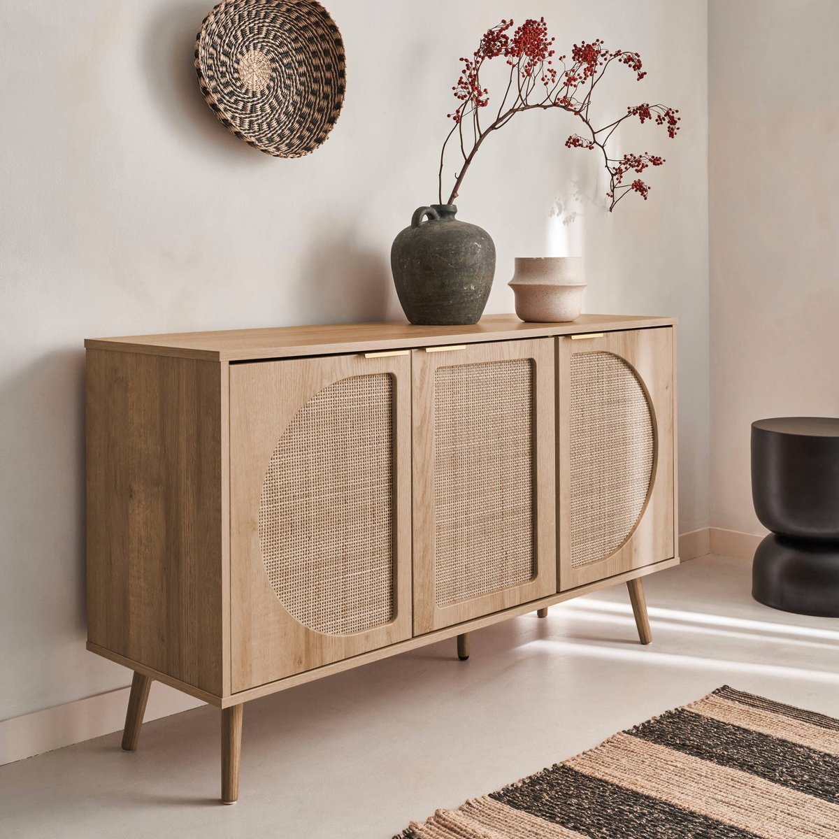 Buffet scandinave décor bois et cannage arrondi 3 portes 120cm EVA naturel, SWEEEK