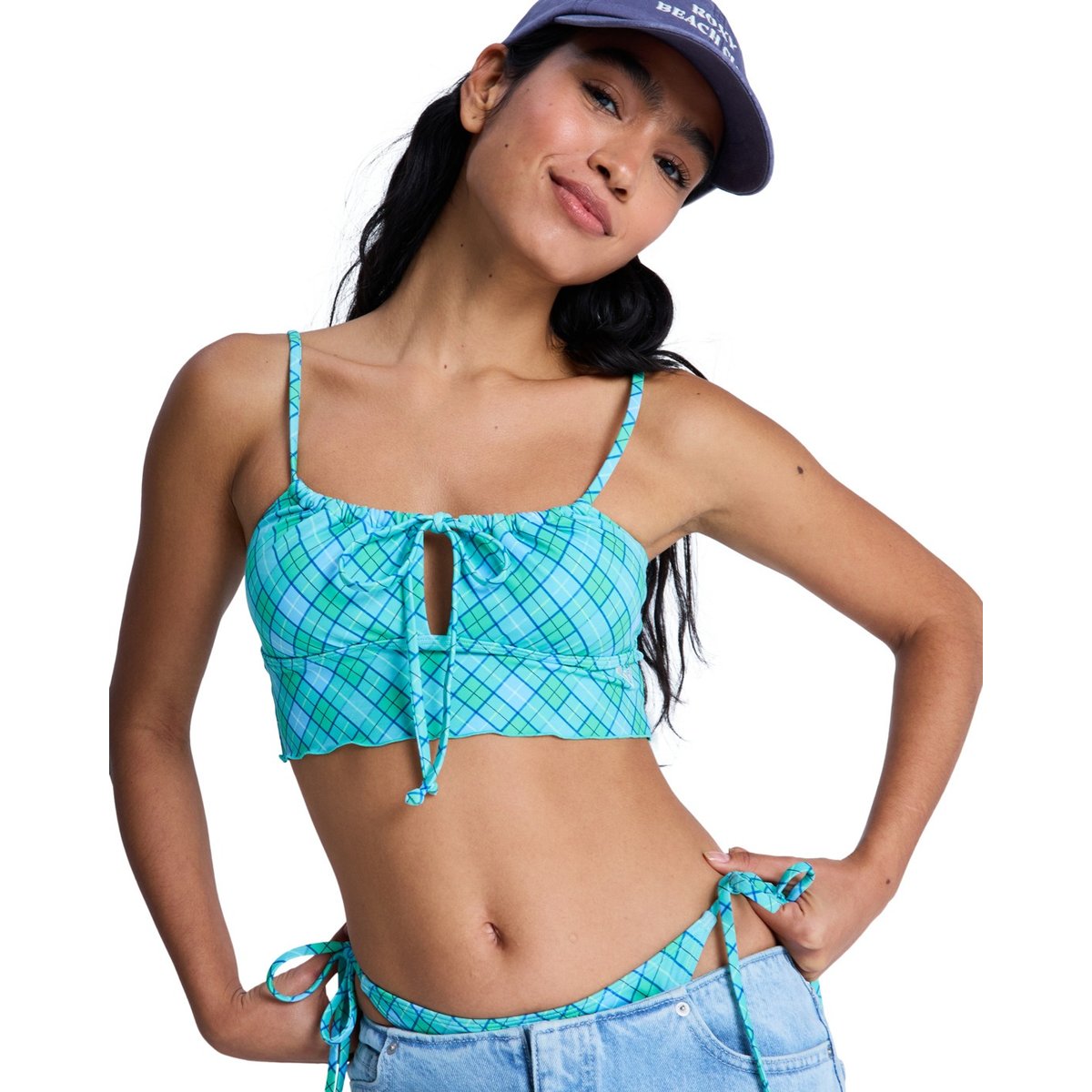 Haut de maillot de bain bikini tank PRINTED ESSENTIALS TANK TOP. vert katydid as if plaid, ROXY