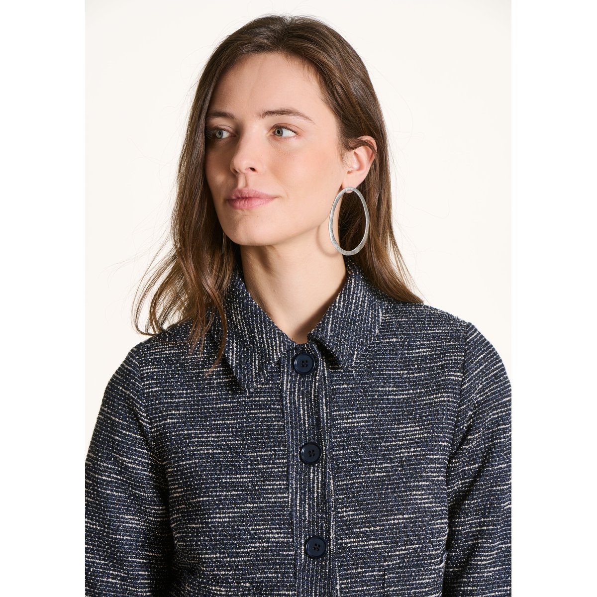 Veste courte droite en milano effet tweed navy, LA FEE MARABOUTEE