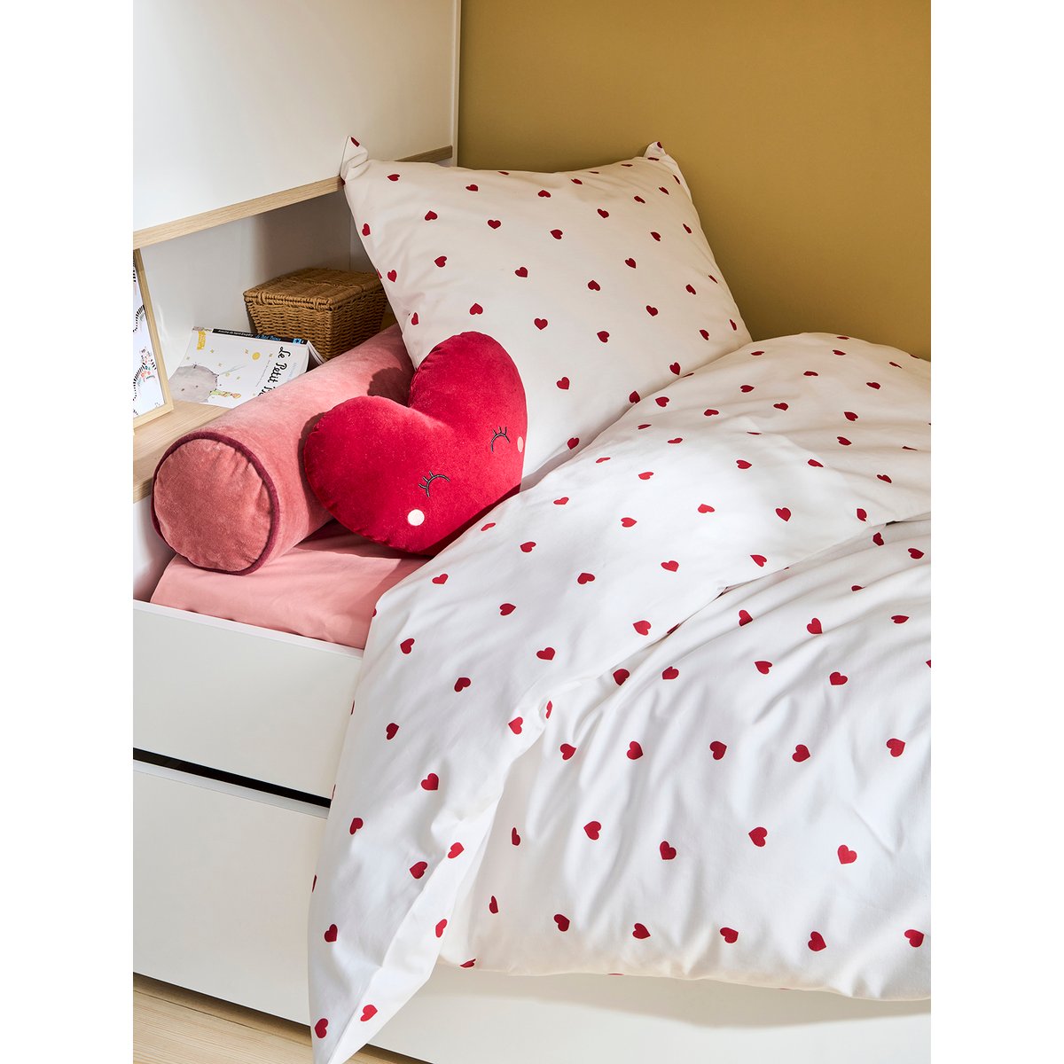 Parure housse de couette et taie d'oreiller COEURS blanc imprimé, VERTBAUDET