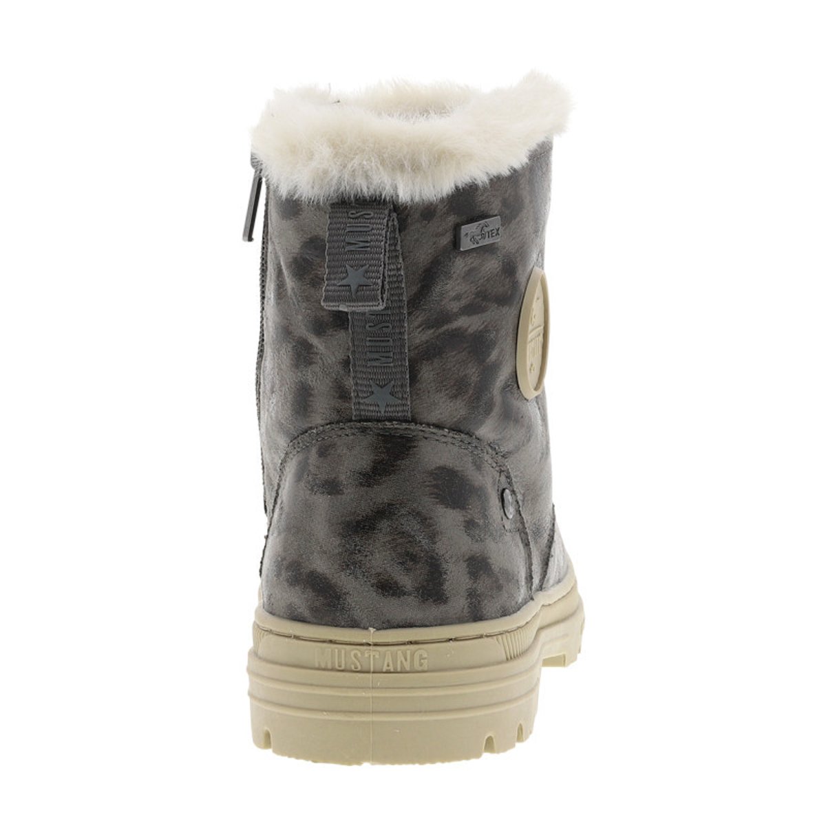 Bottines grises à imprimé léopard à talon décroché bas avec zip et lacets léopard, MUSTANG