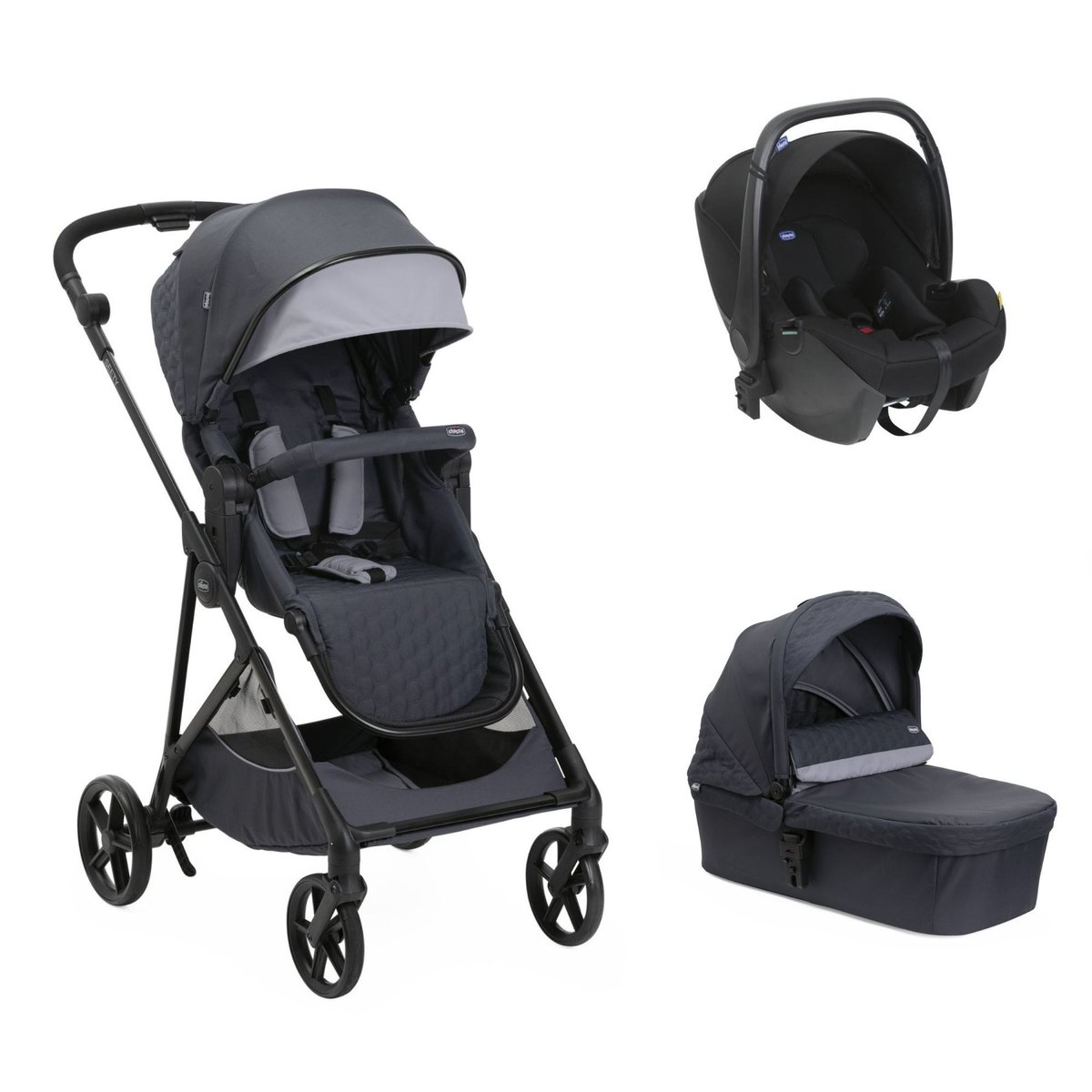 Poussette trio Seety + Siège auto Kory I-Size essential + Nacelle Seety gris, CHICCO