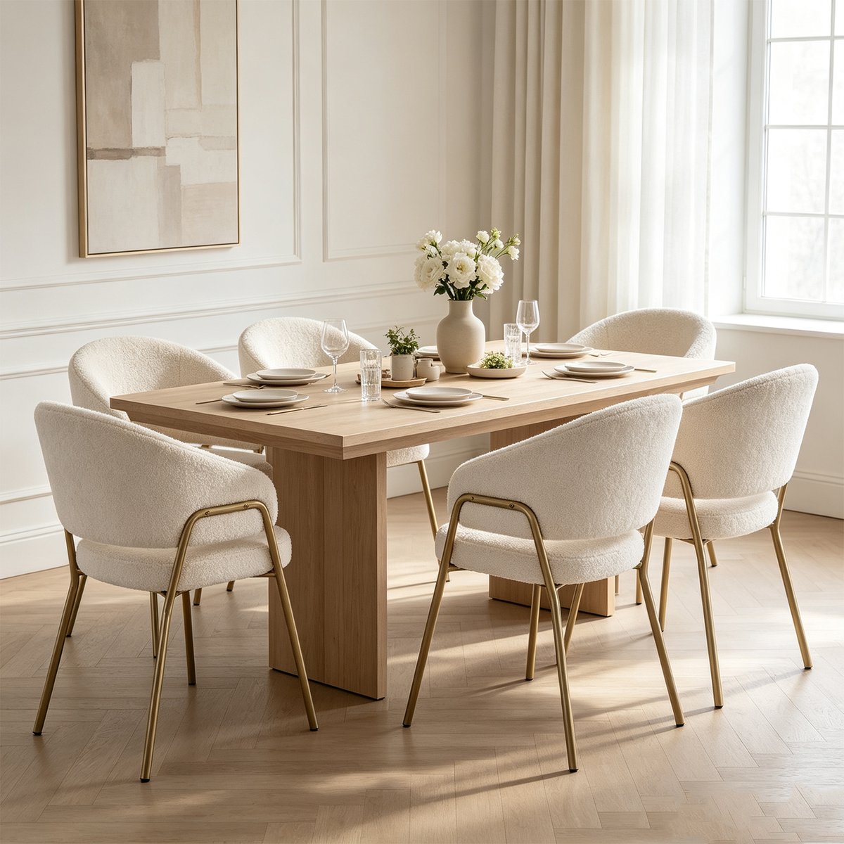 Lot de 6 fauteuils de salle à manger modernes en tissu bouclette, JERRIES blanc, MEUBLES COSY
