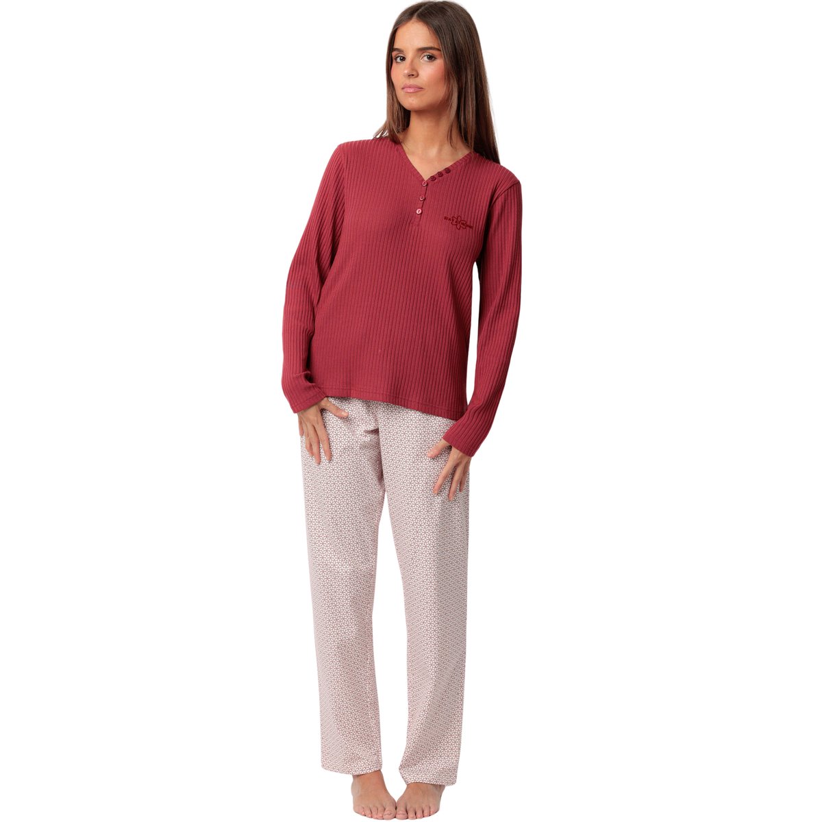 Pyjama pantalon top manches longues Geometric Flower bordeaux, ADMAS