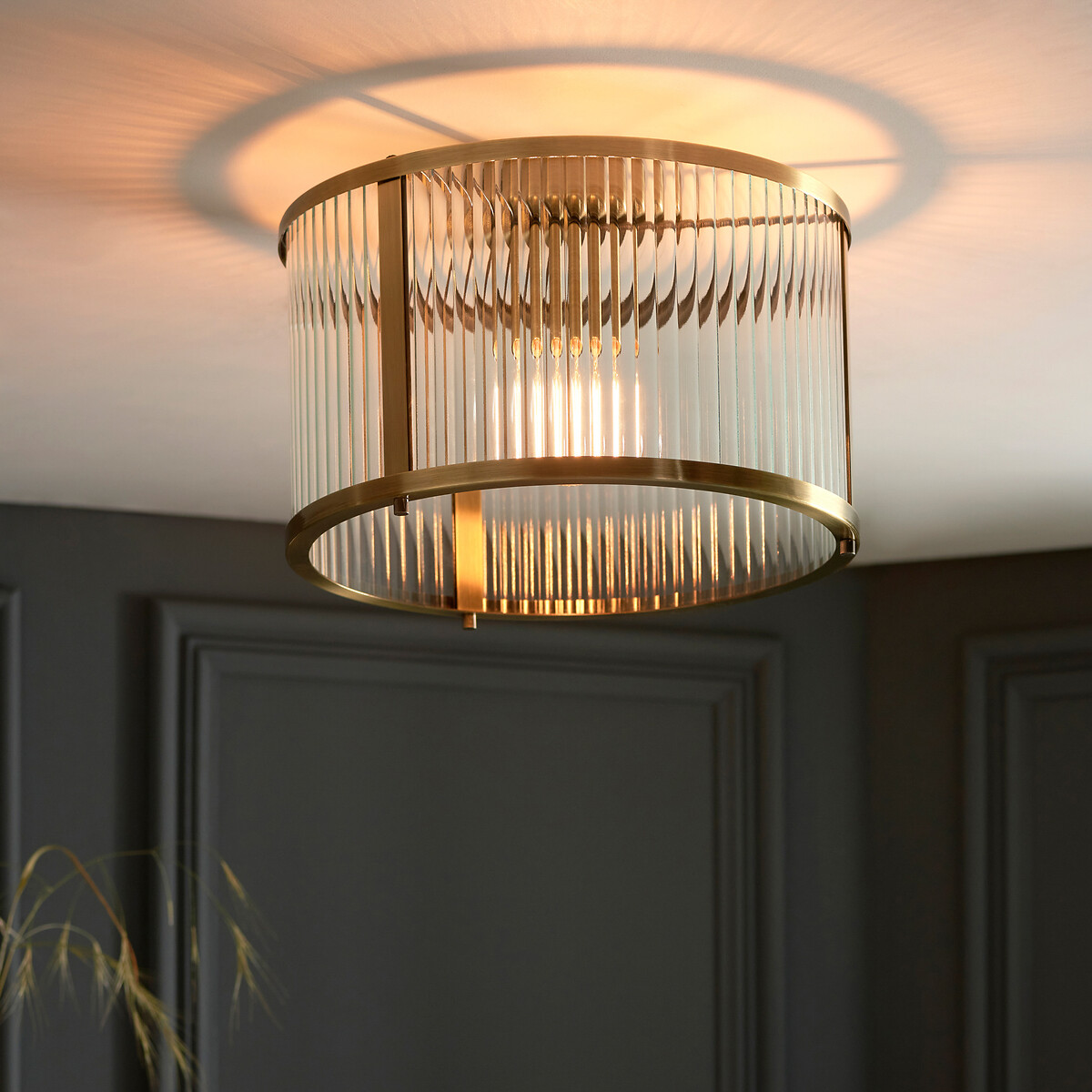 Risto Ribbed Glass Flush Ceiling Light aged brass, SO'HOME