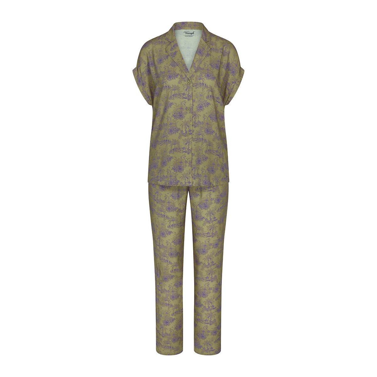 Boyfriend Fit Printed Long Pyjamas printed flower khaki background, TRIUMPH