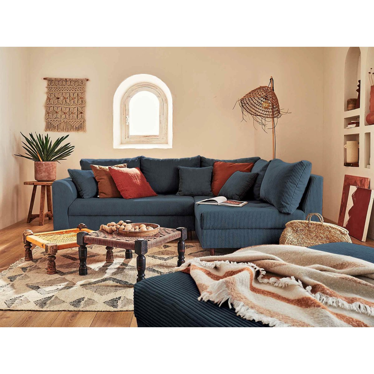 Canapé d'Angle droit 4 places + pouf places - RUNE bleu nuit, BEST MOBILIER