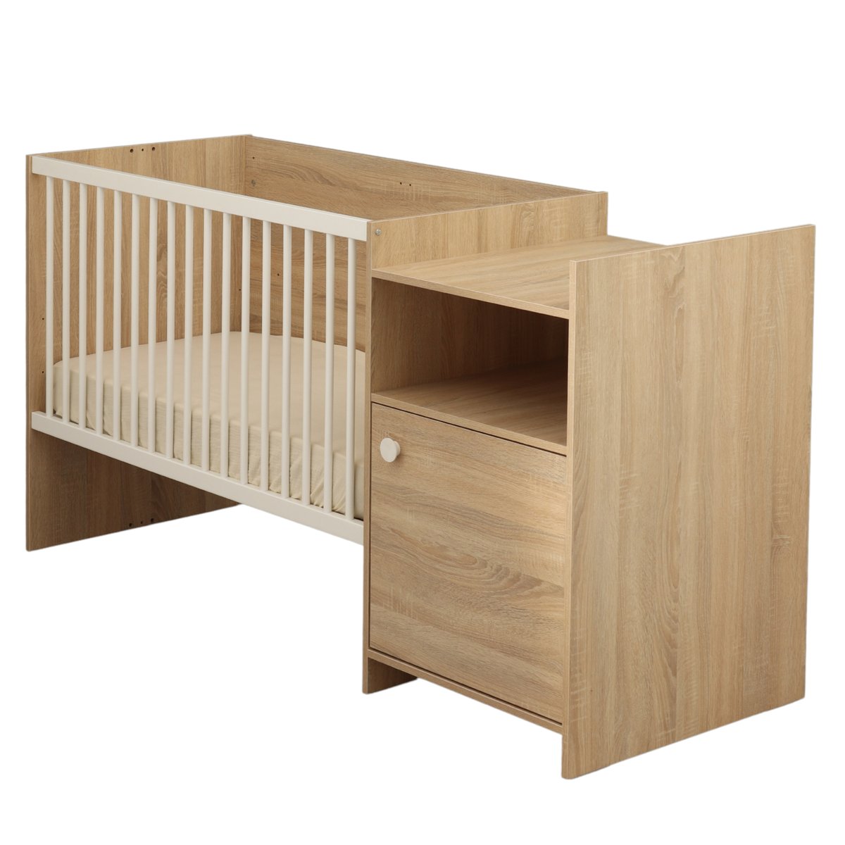 Lit combiné évolutif en décor bois avec commode à langer 1 porte marron, BABY PRICE