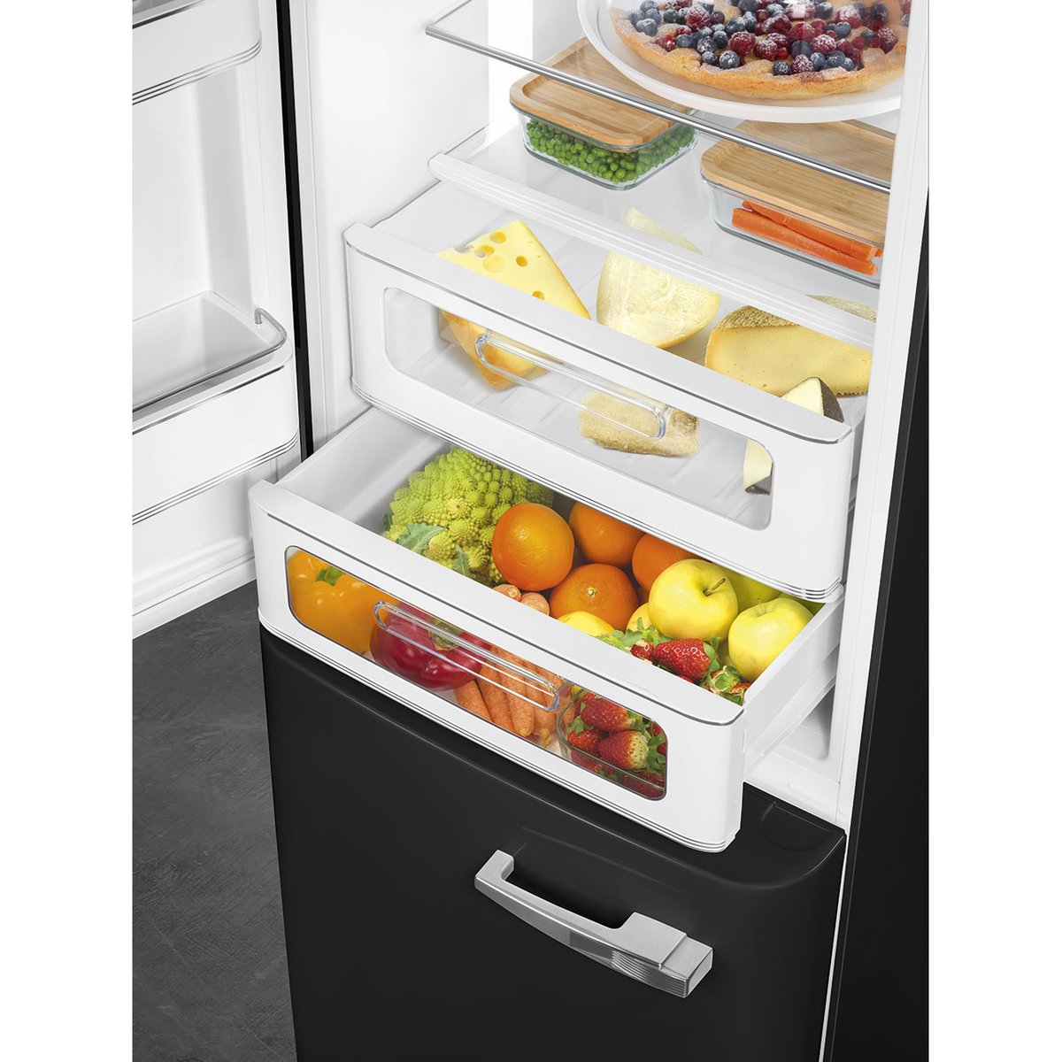 Réfrigérateur 2 portes combiné poignées à droite FAB32 noir brillant, SMEG