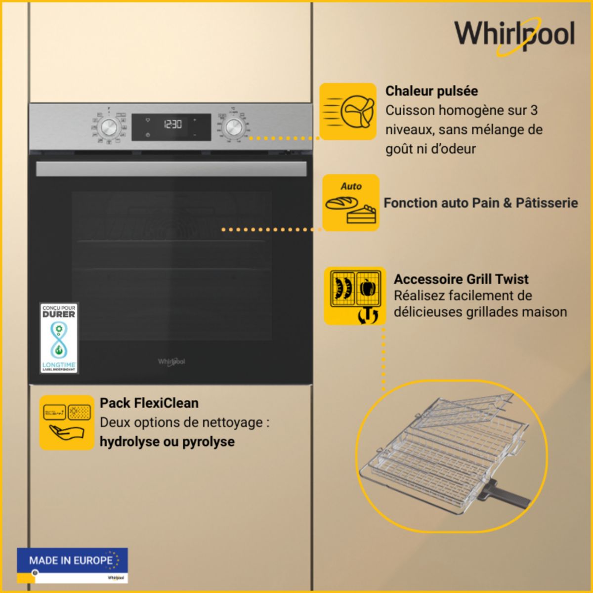 Four encastrable OMR58RU0ZX - Hydrolyse - Pyrolyse - Chaleur pulsée - Ajout Vapeur - Grill Amovible Twist couleur unique, WHIRLPOOL