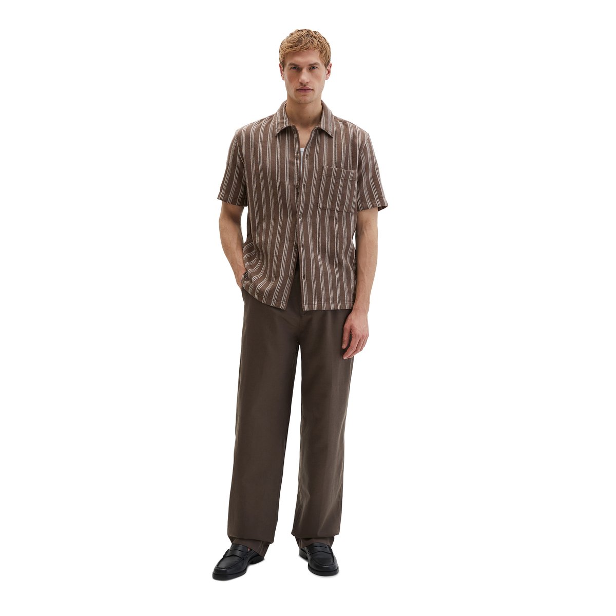 Chemise à manches courtes regular en coton biologique en Leno-Weave marron clair, MARC O'POLO