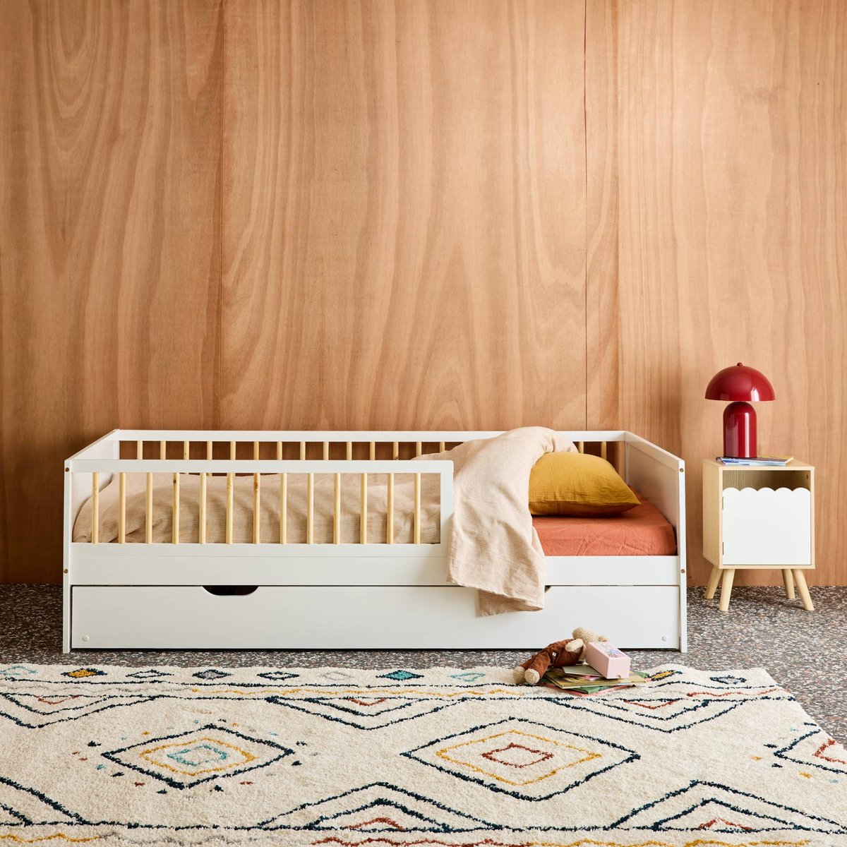 Lit gigogne enfant 90 x 190 cm pin naturel avec sommier à lattes et tiroir ELIO blanc, SWEEEK