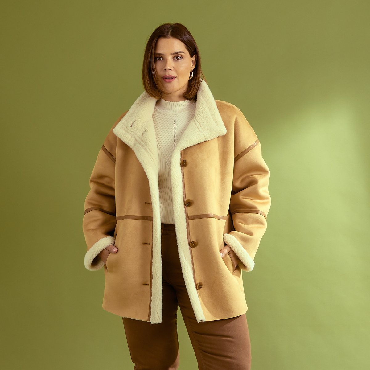 Manteau effet peau lainée beige, GRAIN DE MALICE