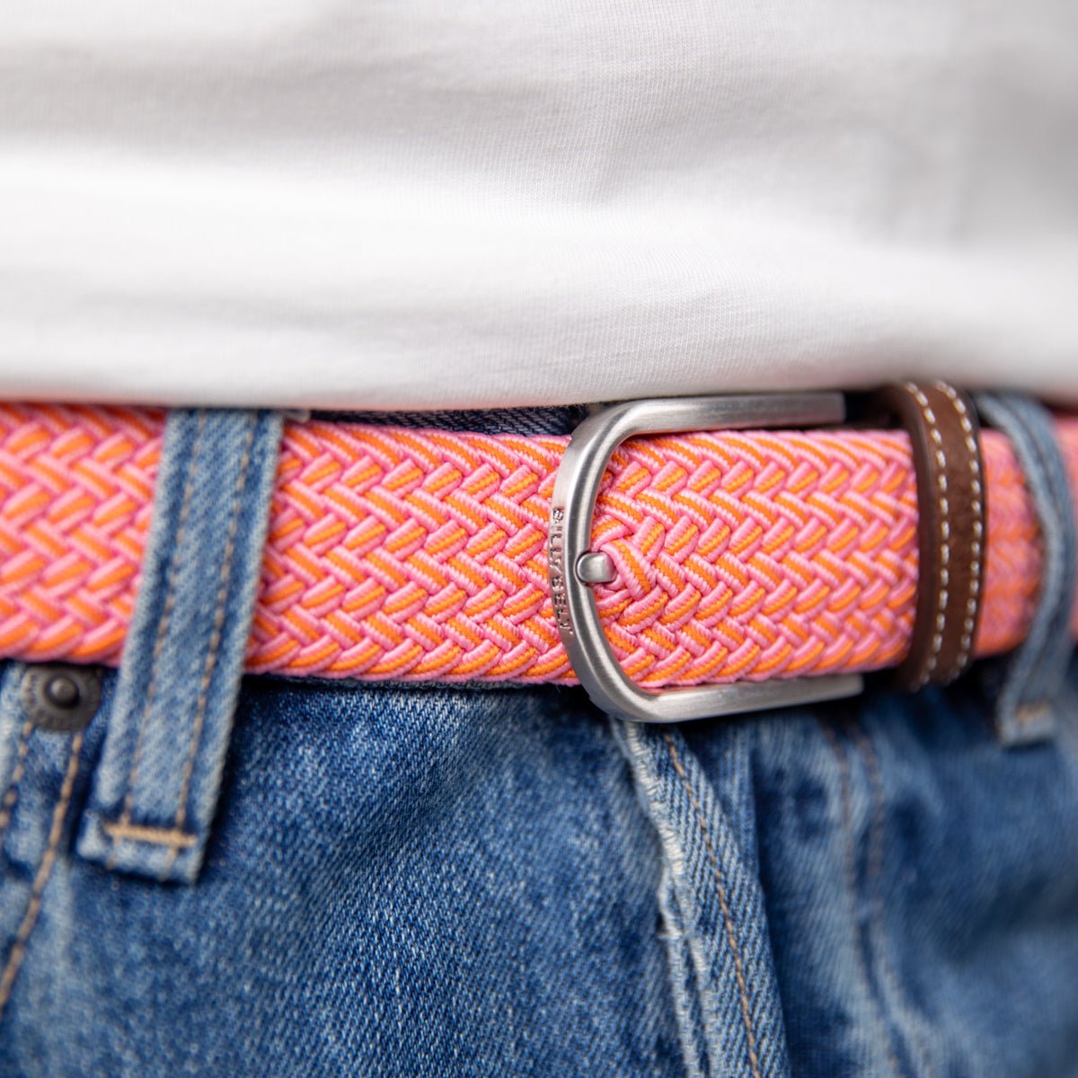 Ceinture tressée élastique MULTICOLORE orange et rose, BILLYBELT