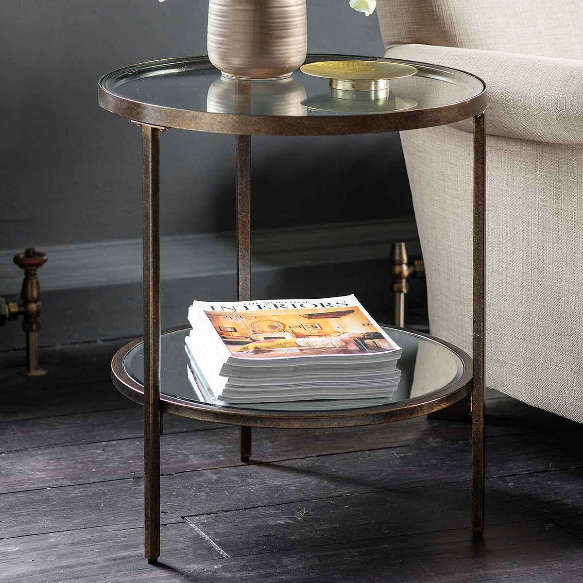 Hana Luxe Round Glass & Mirror Two Tier Side Table bronze, ÉDITÉ